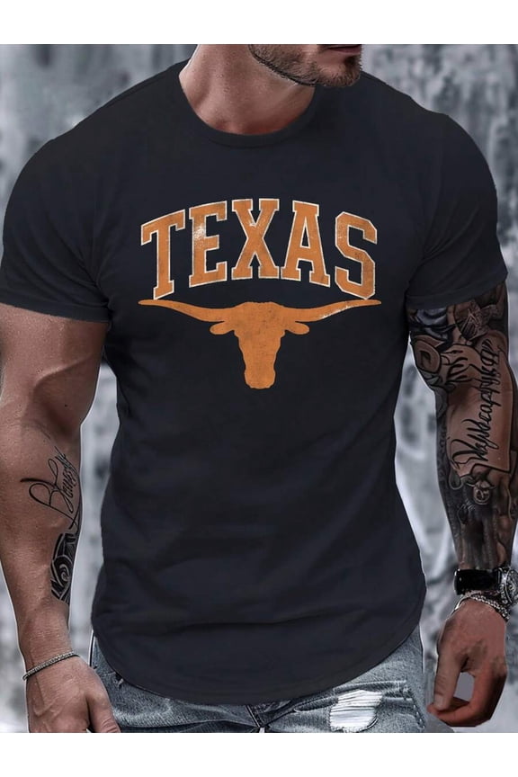 1pc Longhorn TEXAS 180g Pure100% Cotton Men's T-Shirt,Comfort Fit, Homme Street Life Graphic Tee, Daily Wear,Summer Top,School, Streetwear, Casual, Fashionable