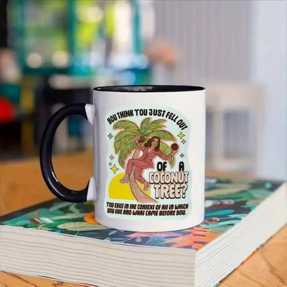 1pc LookHUMAN Insulated Ceramic Coffee Mug 11oz Funny Tropical Design with So You THINK You Just Fell Out of a Coconut Tree Quote Reusable Washable Humor Lovers Coffee Bar Accessories