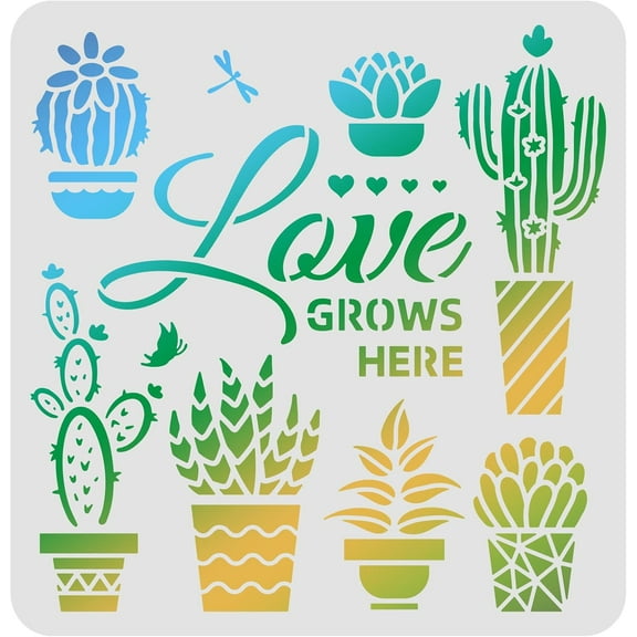 1pc Love Grows Here Stencils 11.8x11.8 inch Potted Plants Painting Stencil Reusable Cactus Succulents Drawing Stencil Template for Painting on Wood Floor Wall Paper and Fabric White