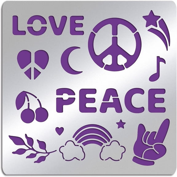 1pc Love & Peace Metal Stencils 16 cm Square Scrapbooking Drawing Stencils Stainless Steel Heart Star Moon Rainbow Hand Pattern Painting Stencils for Engraving Pyrography Journal