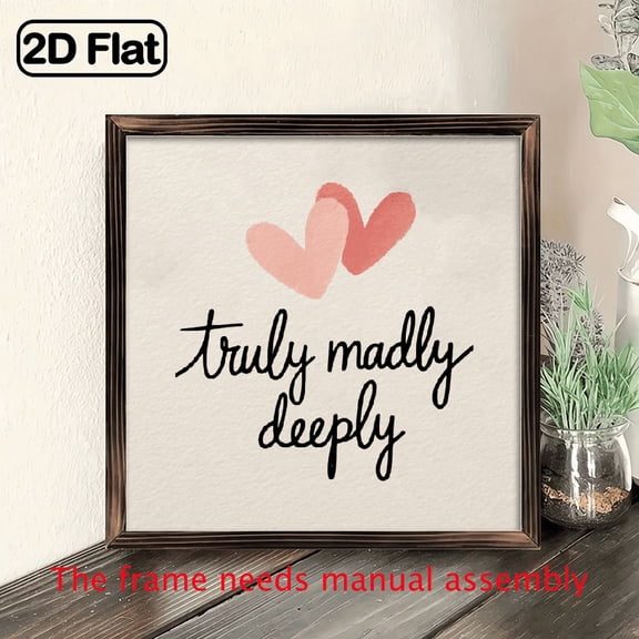 1pc Love Wood Framed Sign Truly Madly Deeply with Hearts - Valentine's Day Romantic Desktop Decoration, Rustic Barn Wood Frame, 8x8 Inch, Inspirational Art Gift for Your Loved One, No Batteries Need