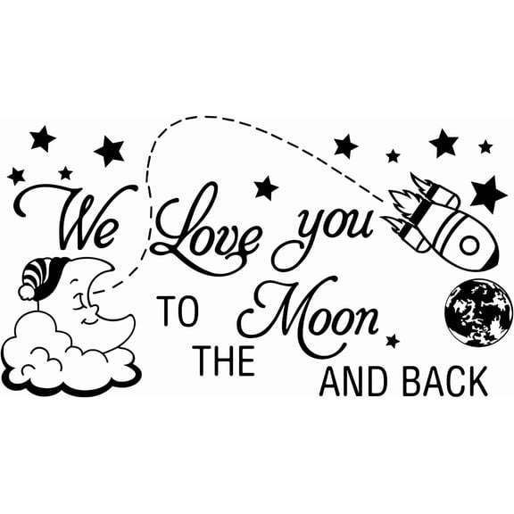 1pc Love Words PVC Wall Sticker We Love You to The Moon and Back Quotes Wall Decal Moon Rocket Pattern Vinyl Wall Art Cartoon Wall Decor for Kid's Bedroom Playroom Decoration 20"x11" colorful DIY