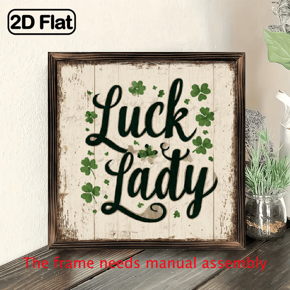 1pc, Lucky Lady Farmhouse Style Wood Framed Sign, Rustic Wall Art for Entryway, Living Room, and Kitchen, Home Decor, Beautiful Housewarming Gift St Patrick'S Day Decorations, Ireland Gifts 8x8 Inch