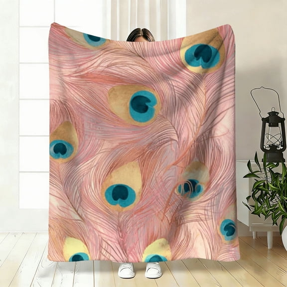 1pc Luxurious Peacock Feather Plush Blanket That Is Incredibly Soft And Warm, Suitable for All Seasons. This Luxury Bedspread Throw Is Machine Washable And Comes in Pink, Brown.