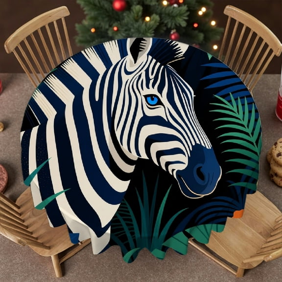 1pc Luxury Accent Neutral Textured Art Zebra Rainforest Print tablecloth round, Kitchen Accessories Polyester Tablecloths, Luxury Accent Neutral Textured Art Zebra Rainforest