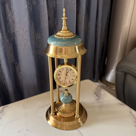 1pc Luxury Artistic Design| Vintage European-Style Grand Book Clock with Roman Numerals, Golden-Tone Metal Frame Elegant Tabletop Pendulum Clock for Living Room Decor, Battery Included(Father's Day)