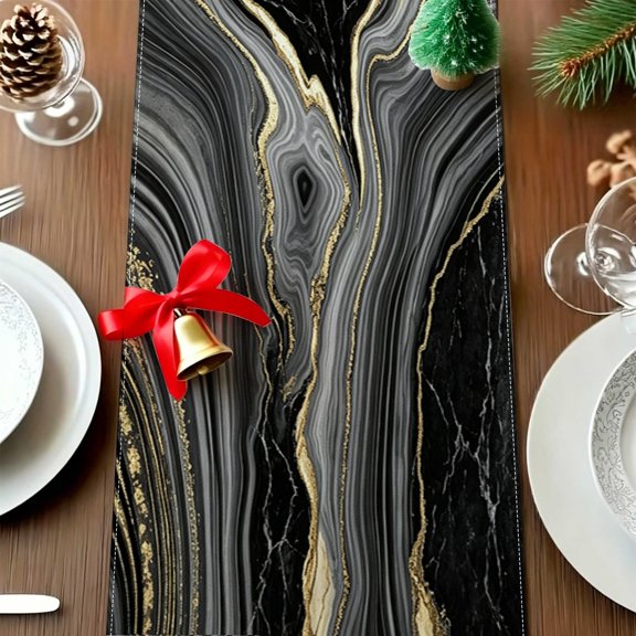 1pc Luxury Black Gray Gold Wave Marble Table Runner, Indoor Commercial Party Decor, Contemporary Table Linen Gift Thanksgiving Christmas