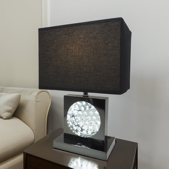 1pc Luxury Crystal Accent Table Lamp, Black Nickel LED Touch Lamp with Rectangular Shade