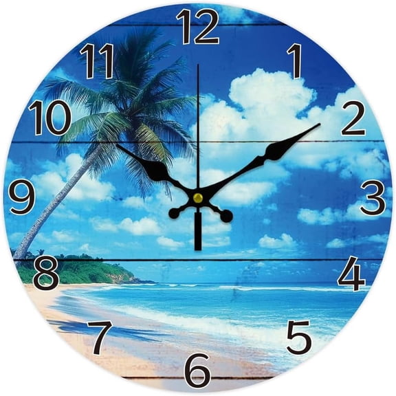 1pc MDF Printed Wall Clock for Home Living Room Bedroom Decoration Flat Round Coconut Tree 300mm DIY