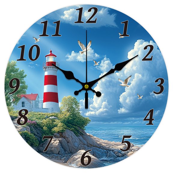 1pc MDF Printed Wall Clock for Home Living Room Bedroom Decoration Flat Round Lighthouse 300mm