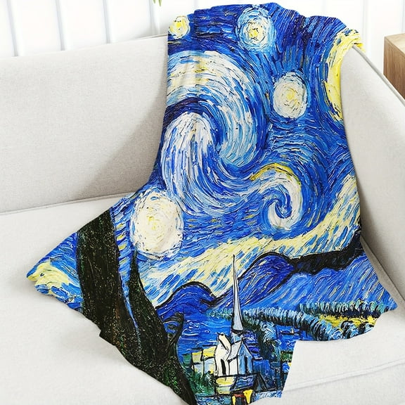 1pc Machine Washable Polyester Knit Van Gogh Starry Night Flannel Fleece Throw Blanket, Contemporary Style, All-Season Cozy, Multipurpose Digital Print Decor