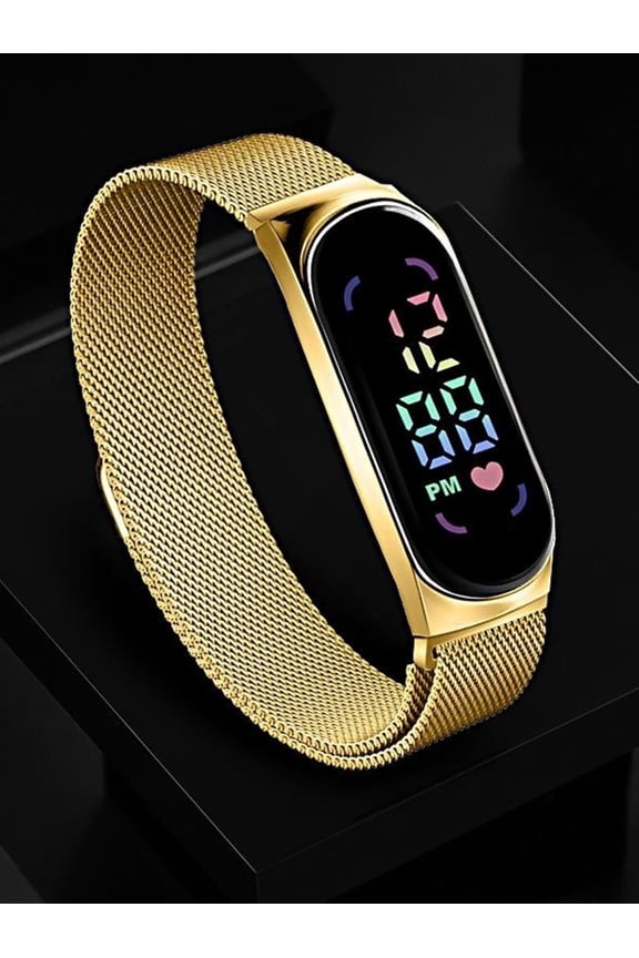 1pc Magnetic LED Display Digital Watch With Oval Pointer Sports Digital Watch With Mesh Stainless Steel Strap