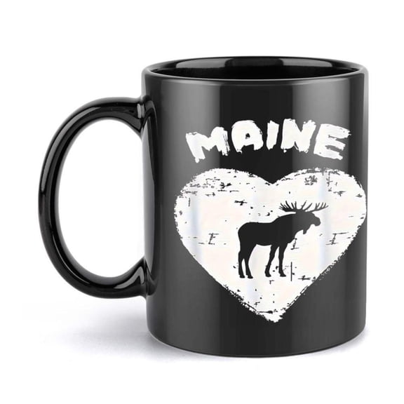 1pc Maine Moose Ceramic Mug 11oz Black with White Heart Moose Design Humorous Coffee Cup Beverages Birthday or Holiday Idea Drinkware Coffee Bar Accessories