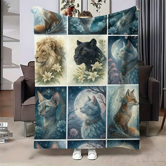 1pc Majestic Animals Flannel Blanket - Soft All-Season Cozy Throw with Lion, Leopard, Tiger, Wolf, Owl, Rabbit, Fox, Cat, Dog, Horse, Deer, Panda, Zebra, Giraffe, Hippo, Crocodile, Snake, Lizard, Fro