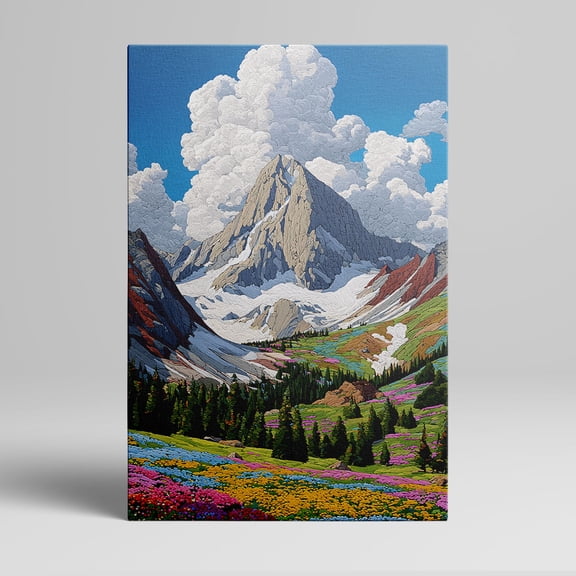 1pc Majestic Mountain with Lush Floral Valley and Cloud - filled Sky Framed Decor room hanging Wall Picture Decor for Home Gifts, living room, bathroom, bedroom, kitchen wall art decor canvas wall