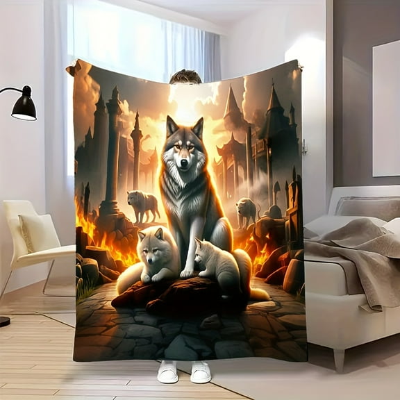 1pc Majestic Wolf Theme Flannel Fleece Blanket - Cozy, Soft, Warm, Vintage Style with Castle & Forest Print - Ideal for Sofa, Bed, Office, Travel
