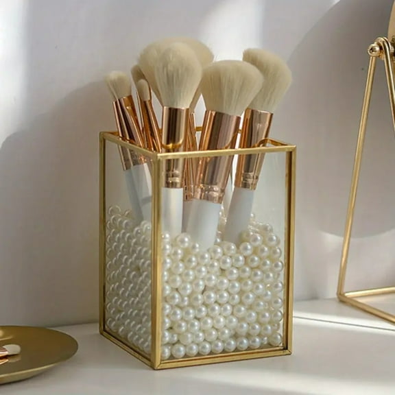 Golden Metal Makeup Brush Holder  1-Slot Cosmetic Organizer for Vanity  Desk  Bathroom  Bedroom  Countertops  Pen Pencil Cup  Home Storage Bin