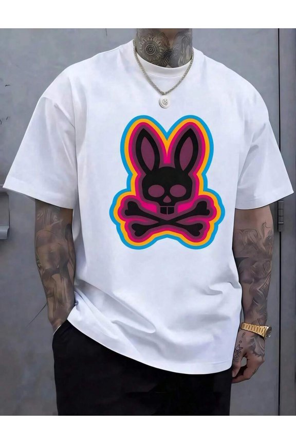 1pc Man' Colorful Bunny Skull Print Black TShirt Crew Neck Casual Cotton Tee Medium Stretch Knit Fabric Regular Fit For Boys Man Perfect For //