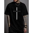 thumbnail image 1 of 1pc Man' Cross Believe Print Black TShirt Crew Neck Casual Cotton Tee Medium Stretch Knit Fabric Regular Fit For Boys Man Perfect, 1 of 5
