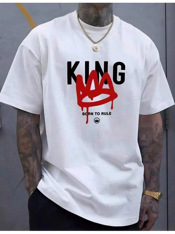 1pc Man S' Crown Graffiti Print White TShirt Crew Neck Casual Cotton Tee Medium Stretch Knit Fabric Regular Fit For Boys Man Perfect For //