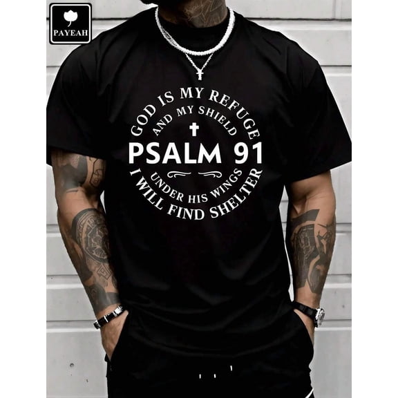 1pc Man S' Psalm 91 Scripture Cross Print Black TShirt Crew Neck Casual Cotton Tee Medium Stretch Knit Fabric Regular Fit For Boys Man Perfect For //