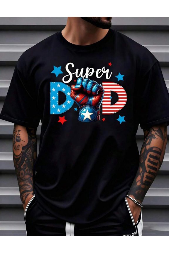 1pc Man S' Super Dad Fist Graphic Print Black TShirt Crew Neck Casual Cotton Tee Medium Stretch Knit Fabric Regular Fit For Boys Man Ideal For //