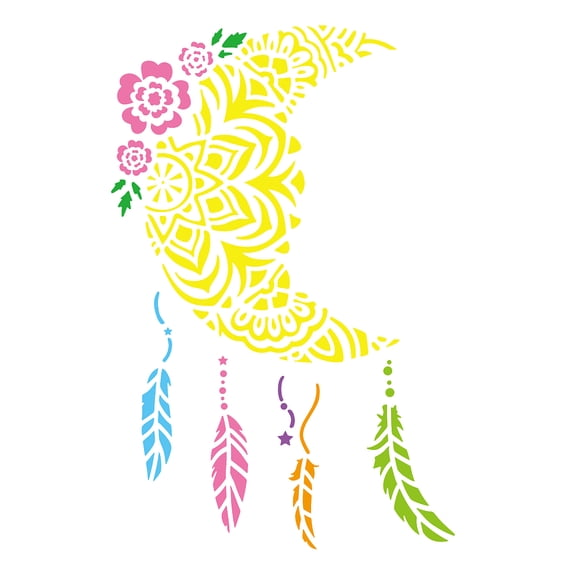 1pc Mandala Moon Dream Catcher Stencil 11.8x11.8inch Moon Pattern Painting Stencil Feather Drawing Stencil Creative Flower Moon Stencil Fantasy Theme Decor Templates for Wall Tiles Floor Plastic