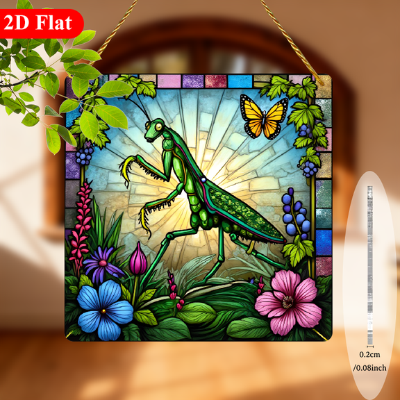 1pc MantisPrayer Mantid Beetle Theme Suncatcher 8-Inch Square Window Hanging Plaque, Insect Decor for home, for all-Season Display (No Frame) Ideal Gift for Entomology Lovers