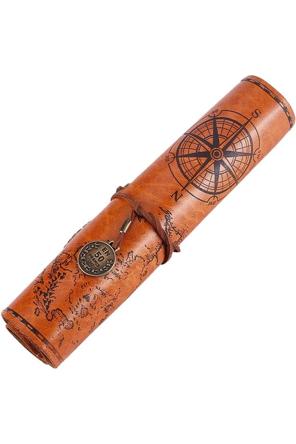 1pc Map & Compass Pattern Leather Pen Bag Pencil Wrap Roll Pen Case Holder with Alloy Charm Rectangle Peru 305x206x2mm