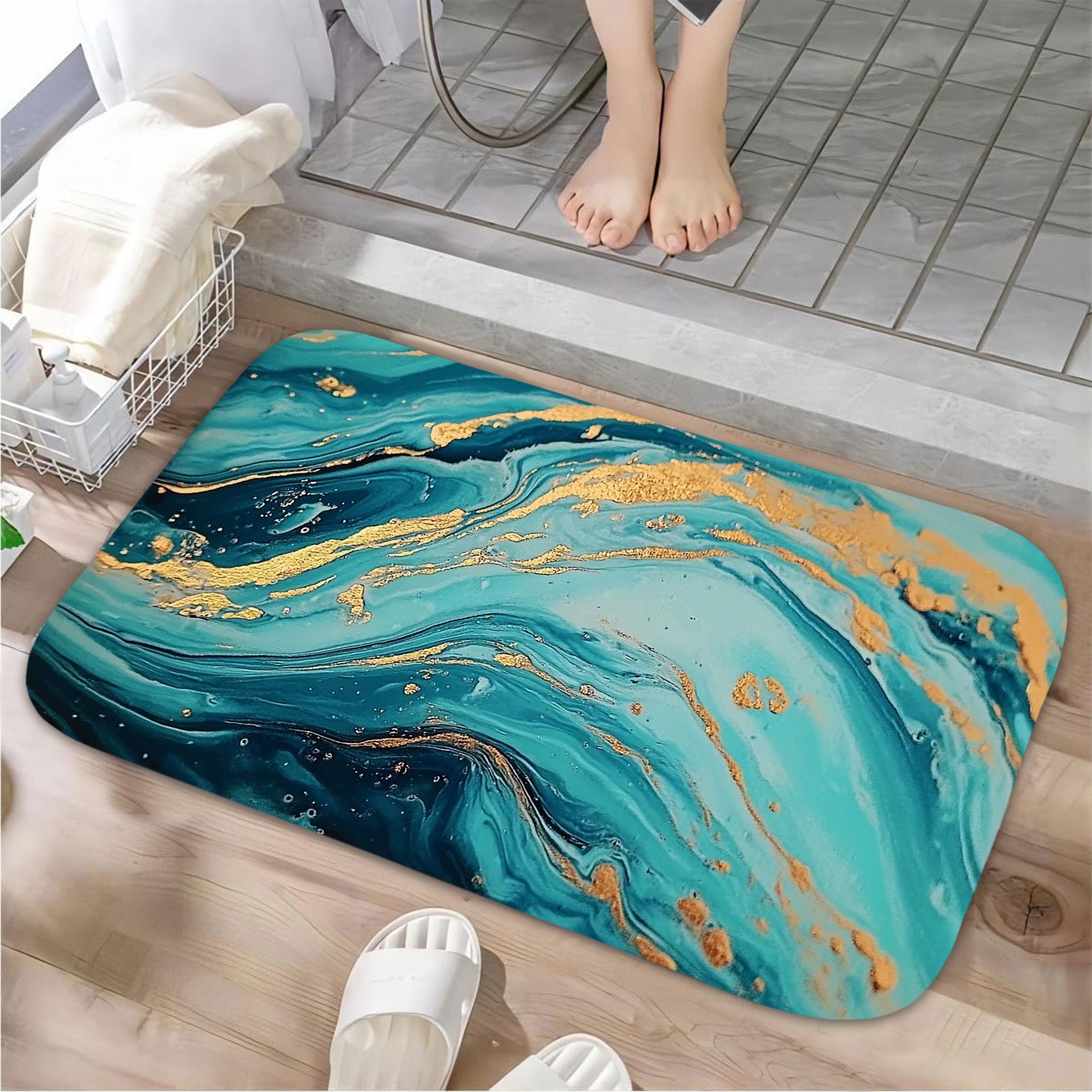 1pc Marble Pattern with Blue and Absorbent Non-Slip Bathroom Thickened ...