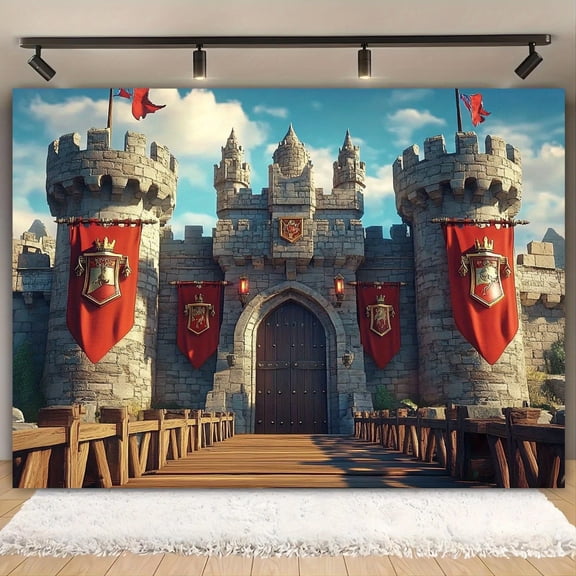 1pc Medieval Castle Party Backdrop tapestry, Detailed Stone Walls & Red Flags, Perfect for Birthday, Wedding, Christmas and Holiday Decorations | Material No Power Needed Event Decoration Historical