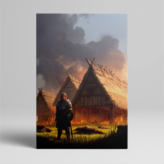 1pc Medieval - themed Canvas Wall Art of a Warrior Standing in Front of Burning Thatched - roofed Huts, framed Decor room hanging Wall Picture Decor for Home Gifts, living room, bathroom, bedroom