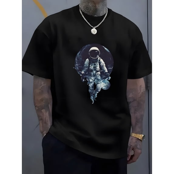 1pc Men'S Casual Crew Neck T-Shirt, 100% Polyester Knit Fabric with Slight Stretch, Alphabet Pattern Astronaut Print, Summer Short Sleeve Tee for Men