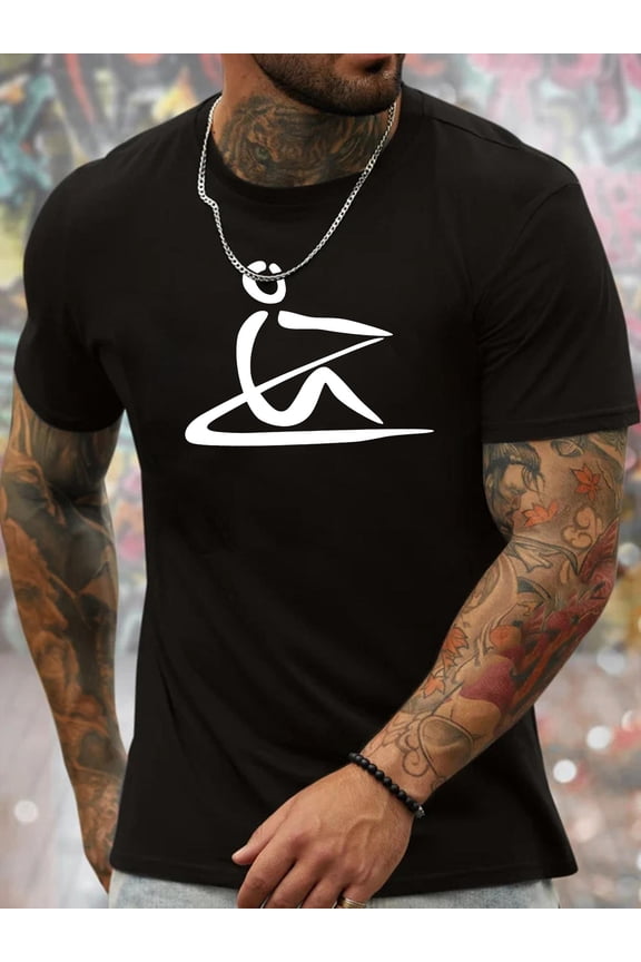 1pc Men'S Casual Crew Neck T-Shirt with Geometric Rowing Print - Polyester Knit Fabric, Slight Stretch, Short Sleeve, Regular Fit for Daily & Weekend Wear - Summer Lightweight Top
