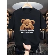 1pc MenS Casual Round Neck T-Shirt with Surprise Moment Teddy Bear Graphic, Polyester Stretch Fabric, Regular Fit, Spring/Summer Fashion Top