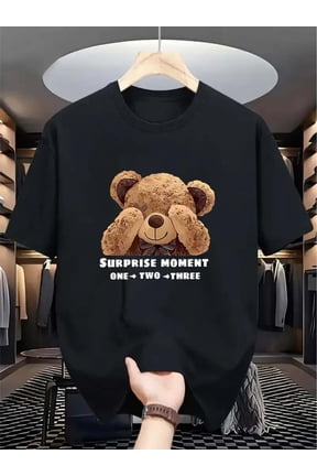 1pc Men'S Casual Round Neck T-Shirt with Surprise Moment Teddy Bear Graphic, Polyester Stretch Fabric, Regular Fit, Spring/Summer Fashion Top