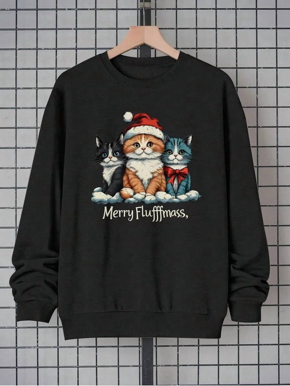 1pc Men'S Christmas Cat Print Crew Neck Sweatshirt, Casual Long Sleeve Pullover, Polyester Knit Fabric, Festive Holiday Gift