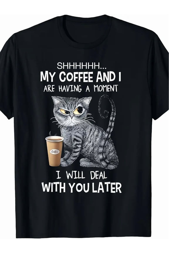 1pc Men'S Funny Coffee Cat Graphic T-Shirt - "Shhh... My Coffee & I Are Having a Moment" Design, 100%, Crew Neck, Short Sleeve, Regular Fit, Casual Weekend Wear, All-Season