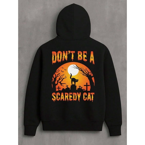 1pc Men'S Funny Halloween Hooded Sweatshirt - Spooky "Don't Be A Scary Cat" Skeleton & Bat Graphic, 5XL Size, Polyester Pullover Hoodie Fall Winter Streetwear, Casual Hip-Hop Sweatshirt With Digital