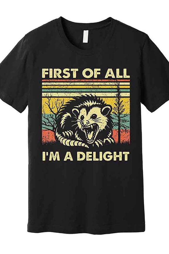 1pc Men'S Funny Sarcastic T-Shirt - "First of All I'm a Delight" Angry Opossum Graphic Tee - Black Crew Neck Shirt with Bold Yellow Text - Soft Breathable Cotton Top for Everyday Casual Wear