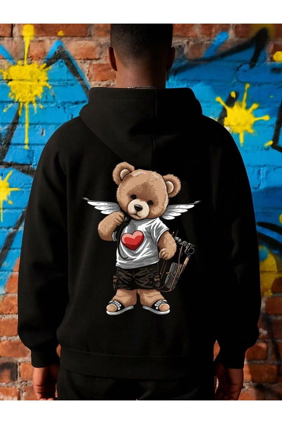 1pc Men'S Funny Teddy Bear Graphic Hooded Sweatshirt - Black Full-Body Print Streetwear Pullover With Heart & Airplane Design, Soft Hoodie For Autumn Winter Casual Wear, Halloween & Christmas Gift, V