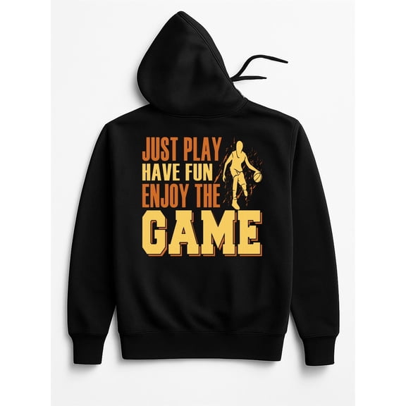 1pc Men'S Gaming Graphic Hoodie with "Just Play Have Fun Enjoy the Game" Slogan, Gamer Silhouette & Controller Design - Black & Orange Casual Pullover Sweatshirt, Machine Washable Regular Fit for Gym