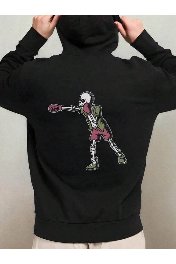 1pc Men'S Vintage Gothic Boxing Skeleton Graphic Hooded Sweatshirt - Oversized Black Streetwear Hoodie With Spooky Boxing Design, Machine Washable, Comfortable Winter Wear For Halloween & Christma,Fa
