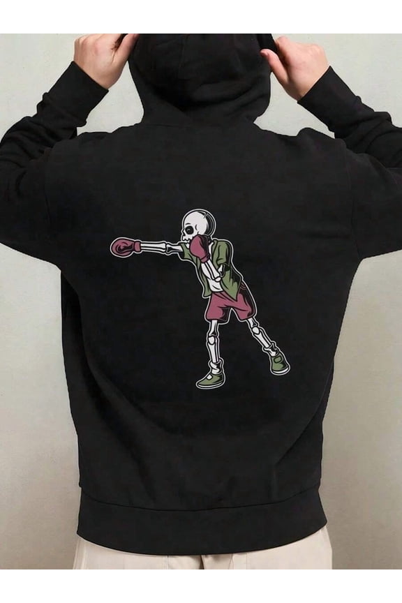1pc Men'S Vintage Gothic Boxing Skeleton Graphic Hooded Sweatshirt - Oversized Black Streetwear Hoodie With Spooky Boxing Design, Machine Washable, Comfortable Winter Wear For Halloween & Christma,Fa