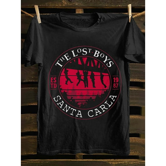 1pc Men'S Vintage "The Lost Boys" Santa Carla Graphic T-Shirt - Cotton Round Neck Short Sleeve, 180g Regular Fit, Black & Red Retro Design, Comfortable Casual Wear for All Seasons, Perfect Father'S