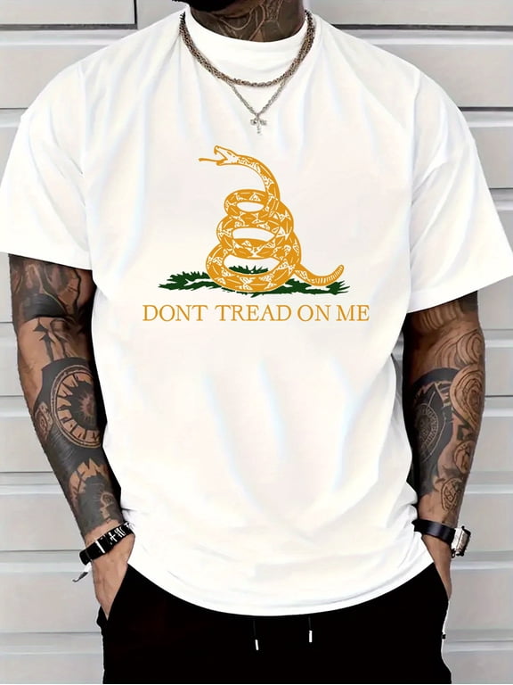 1pc Men's 100% Cotton T-Shirt - "Don't Tread On Me" Snake Print, Casual Crew Neck, Short Sleeve, Breathable & Machine Washable - Ideal for Casual Attire & Outdoor Activities