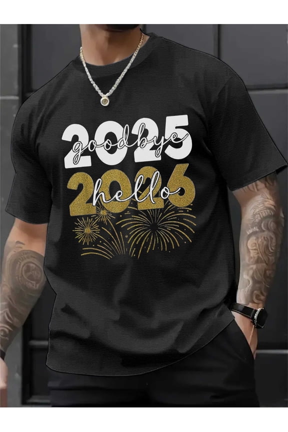 1pc Men's 2025-2026 New Year Countdown T-Shirt - Firework Print Short Sleeve, Breathable Moisture-Wicking Loose Fit Round Neck Top for NYE Parties, 2025/2026 Events (Goodbye 2025 Hello 2026)