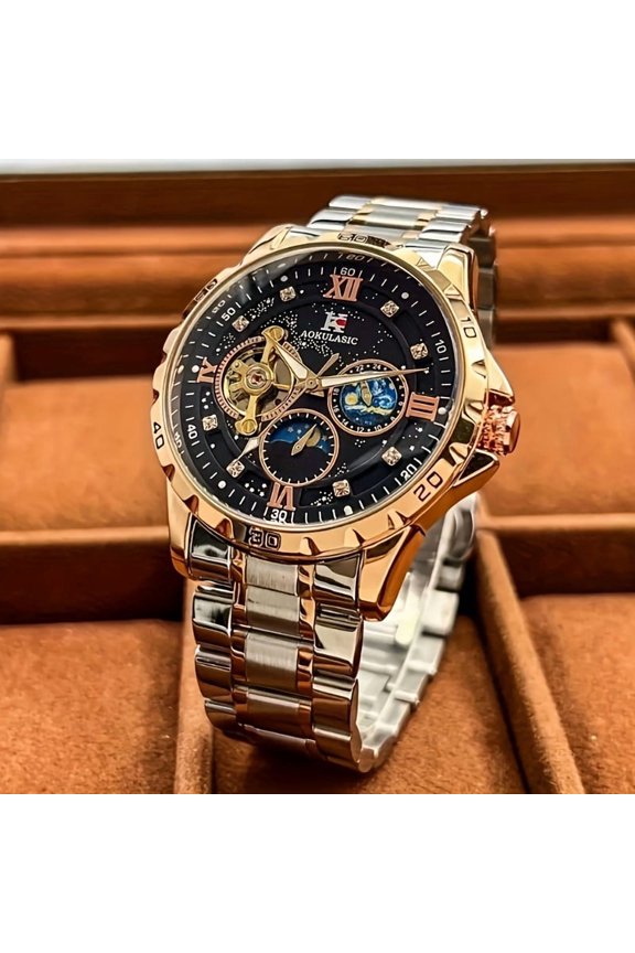 1pc Men's Automatic Tourbillon Watch, Stainless Steel with Starry Sky Dial, Mechanical Wristwatch for Business Casual Wear, Ideal Holiday & Birthday Gift
