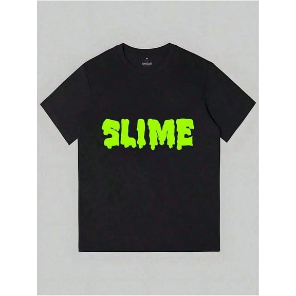 1pc Men's Black Cotton T-Shirt With Bold Neon Green Slime Print - Regular Fit Short Sleeve Round Neck Casual Tee For All-Season Comfort & Machine Washable, Graphic Tee, Nontransparent Fabric