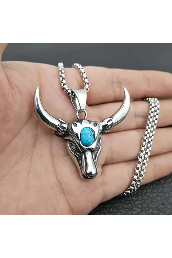1pc Men's Bold Bull Head Pendant Necklace - Retro Alloy & Chain with Turquoise Stone Eye, Durable Statement Jewelry for Casual or Formal Wear, Fashion Accessory, Masculine Design, Highquality